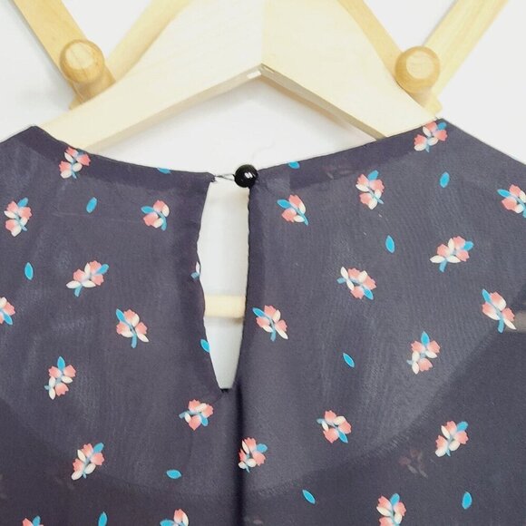 Vintage‎ 70s 80s black floral sheer 3/4 slvs pleat top midi dress M/L grunge - Picture 8 of 9